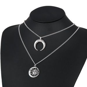 Silver Crescent Moon &Sun Goddess Layered Necklace